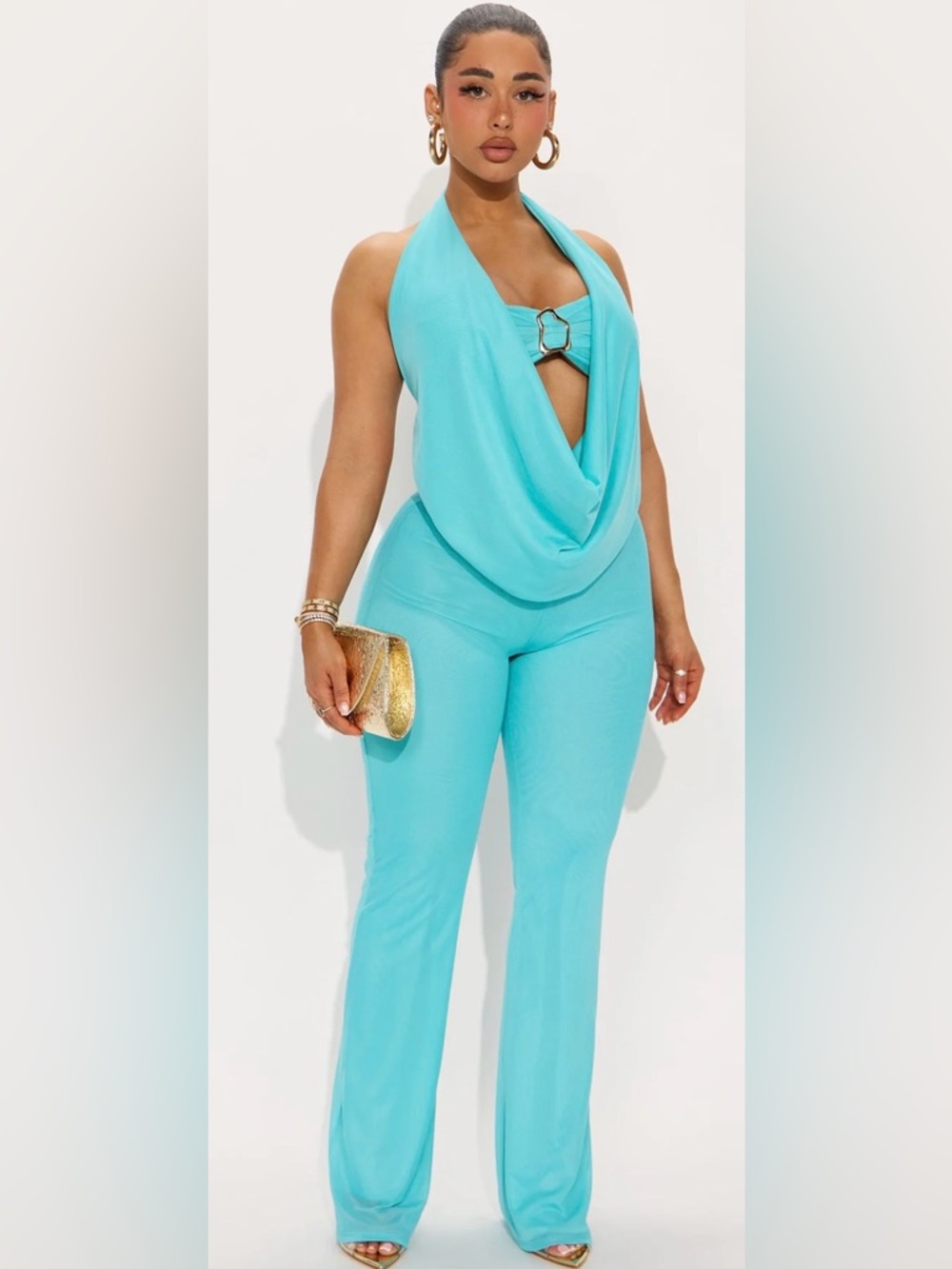 FASHIONNOVA Aqua Halter Draped Jumpsuit with Ring Detail